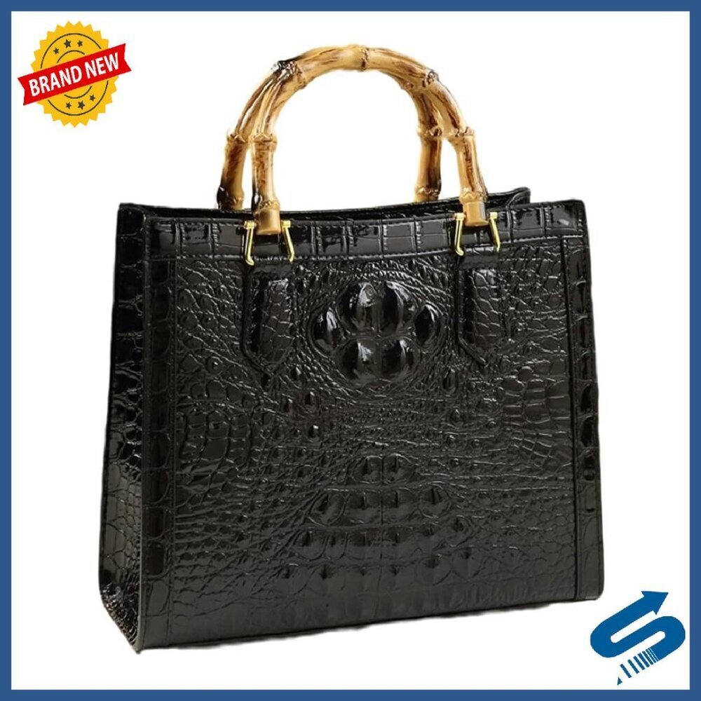 Crocodile Pattern Leather Satchel with Bamboo Handle, 26x10x22cm